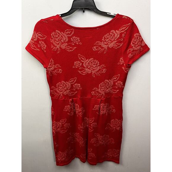 T/O Sweater Dress Womens Medium Metallic Red‎ Gold Floral Drop Waist Knit - Picture 2 of 9